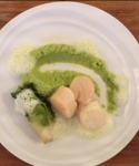 Gebratene Jakobsmuscheln mit Erbsen, sautiertem Kopfsalat und Estragonschaum